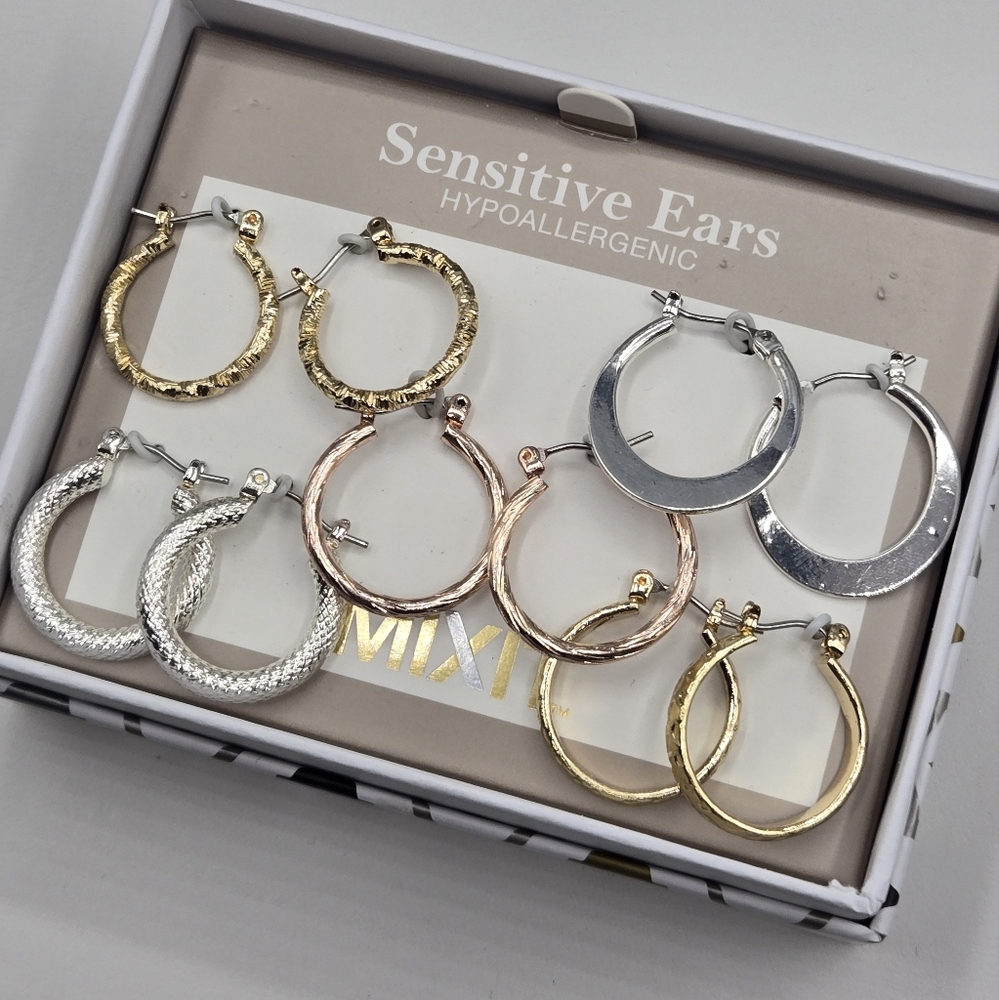 Mixit Boxed Set 5 Pair of Hoop Earrings Silver Gold & Rose Gold Hypoallergenic